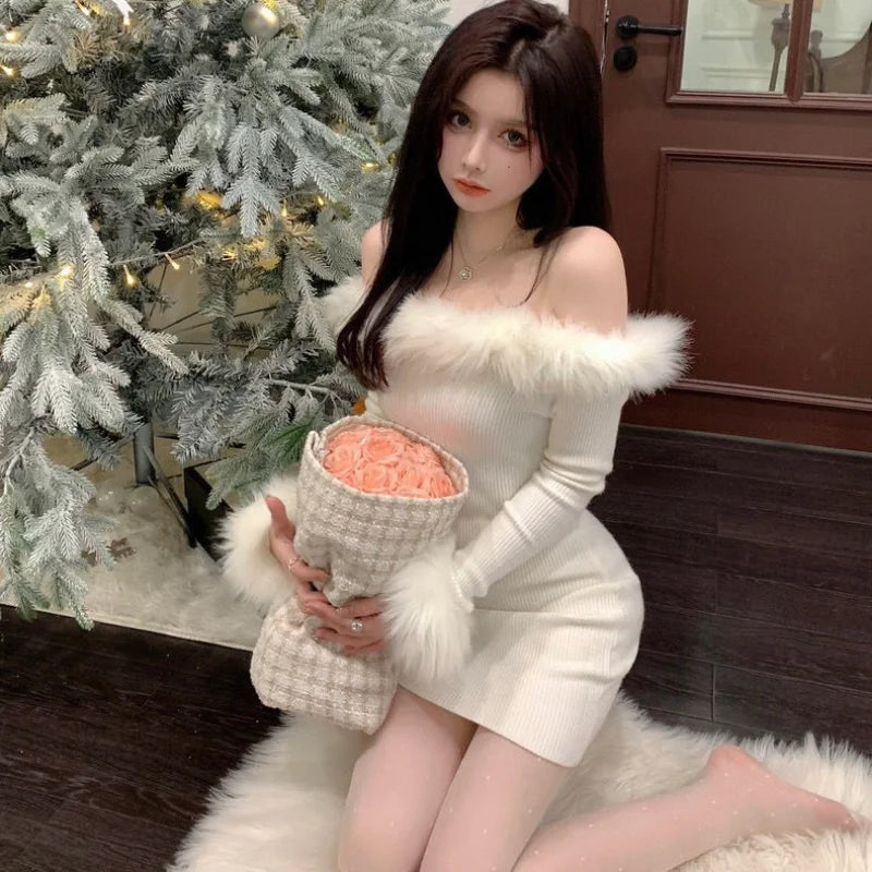 Womens Winter Coquette Faux Fur Trim Long Sleeve White Knit Mini Dress – The Kawaii Factory