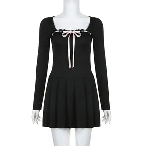 womens aesthetic outfits coquette pink bow dress long sleeve pleated skirt black mini dress