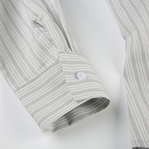 ladies gray striped button down shirt 