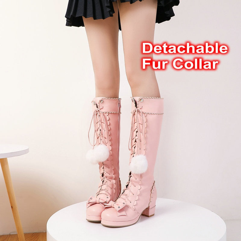 Elyffany Women's Bow Knee-High Boots - Chunky Heel Lolita Style With Side Zipper
