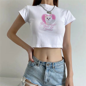 Harajuku Kawaii Aesthetic Y2K 90s Cute Cat Graphic Crop Top Tshirt