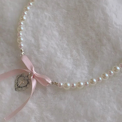 womens coquette jewelry pink bow necklace pearl necklace 