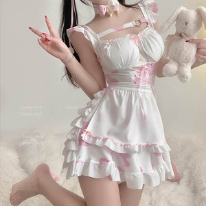 Kawaii Aesthetic Pink Cow Print Maid Dress