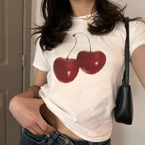 womens aesthetic tshirts cherry print tshirt baby tee crop top white shirt with cherries