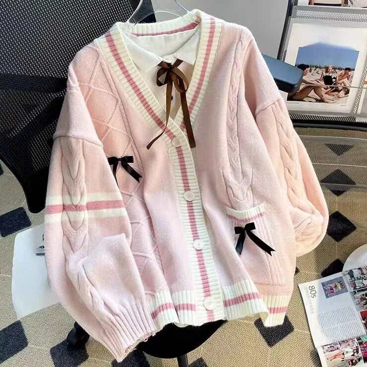womens japanese school unform harajuku kawaii fashion oversized cardigan sweater light pink with bows