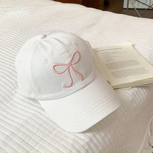 womens korean fashion pink bow baseball cap white