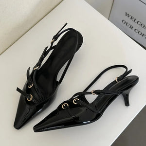 womens elegant shoes black kitten heel shoes slingback pumps low heel pointed toe patent leather heels