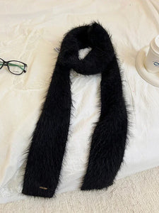 womens y2k skinny scarf black mink fur immitation mohair angora fluffy thin scarf