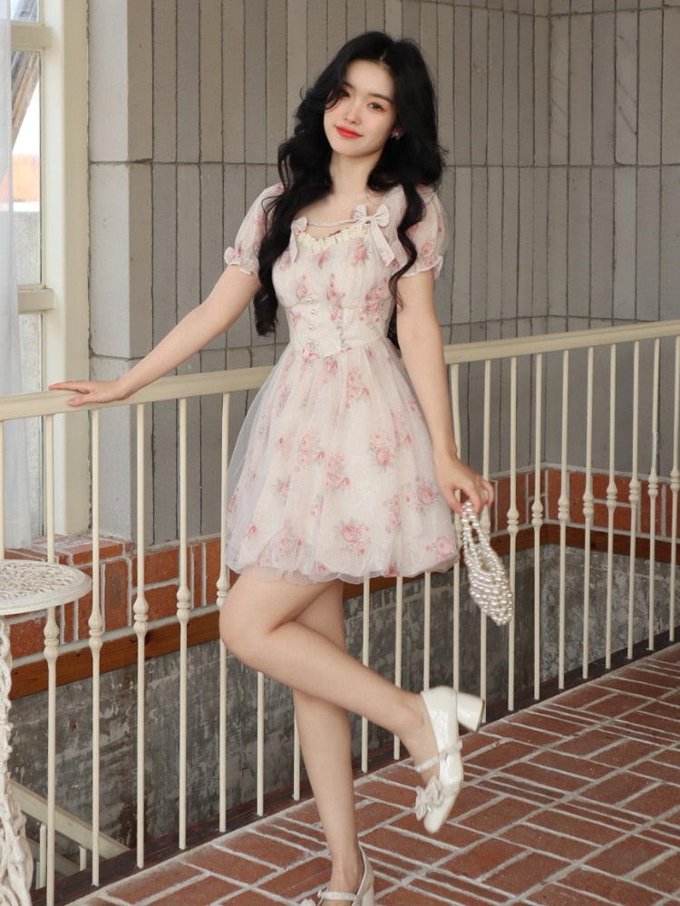 coquette dress Coquette Aesthetic Soft Girl White Floral Puff Sleeve Dress – The Kawaii Factory