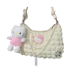 Harajuku Kawaii Aesthetic Y2K Popcorn Fabric Plush Charm Hello Kitty Shoulder Bag