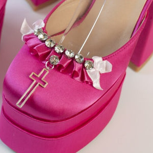 womens square toe satin platform high heels hot pink rhinestone details prom shoes 