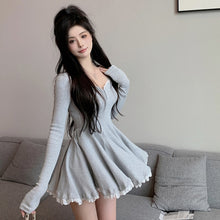 Korean Aesthetic Soft Girl Kpop Sweetheart Neckline Long Sleeve Rib Knit Dress