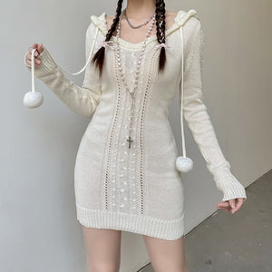 Kawaii Aesthetic Coquette Dollette Winter Knit Pom Pom Dress