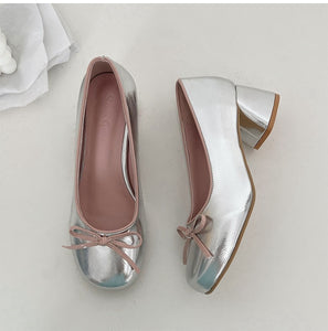 Korean Elegant Coquette Aesthetic Balletcore Round Toe Silver Chunky Heels Shoes Pumps