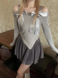 womens coquette outfits long sleeve gray off the shoulder top with bows dollette girly aesthetic