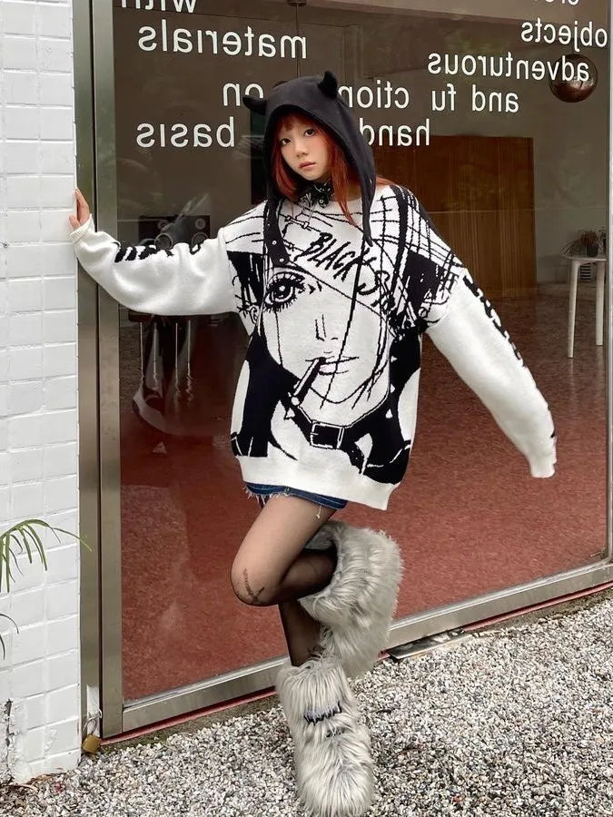 Harajuku Oversized Black Stones Nana Sweater – The Kawaii Factory Harajuku Oversized Black Stones Nana Sweater – The Kawaii Factory
