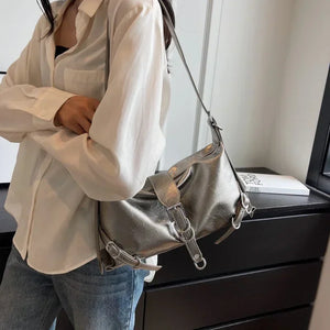 womens metallic silver purse hobo bag shoulder bag y2k aesthetic 