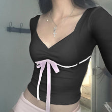 black long sleeve crop top with pink bow balletcore coquette aesthetic clothes