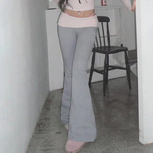 Y2K Low Rise Grey Pink Fold Over Yoga Pants Flared Leggings