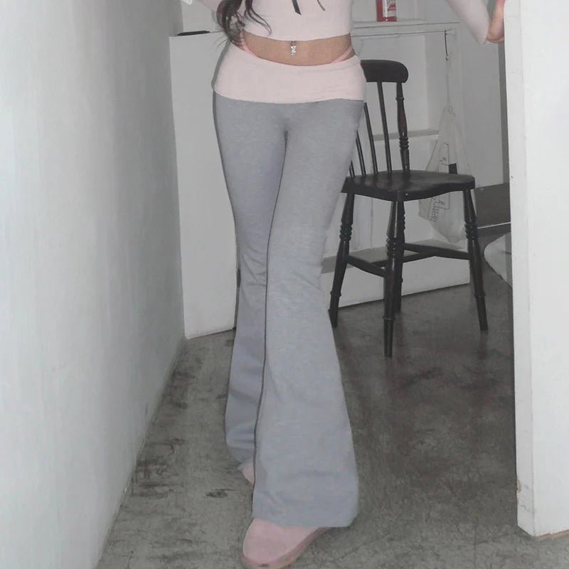 Y2K Low Rise Grey Pink Fold Over Yoga Pants Flared Leggings The