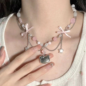 Harajuku Kawaii Aesthetic Hello Kitty Baby Pink Pearl Chain Necklace