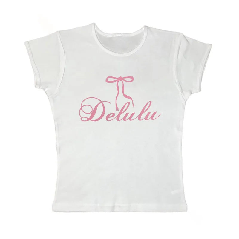 womens delulu t-shirt y2k coquette aesthetic baby tee pink bow tshirt