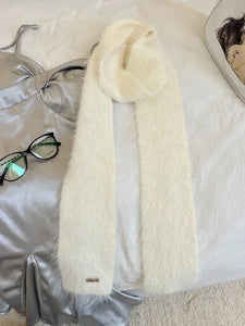 womens y2k skinny scarf cream white mink fur immitation mohair angora fluffy thin scarf