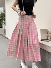 Kawaii Korean Aesthetic Pink Gingham Midi Pleated Skirt