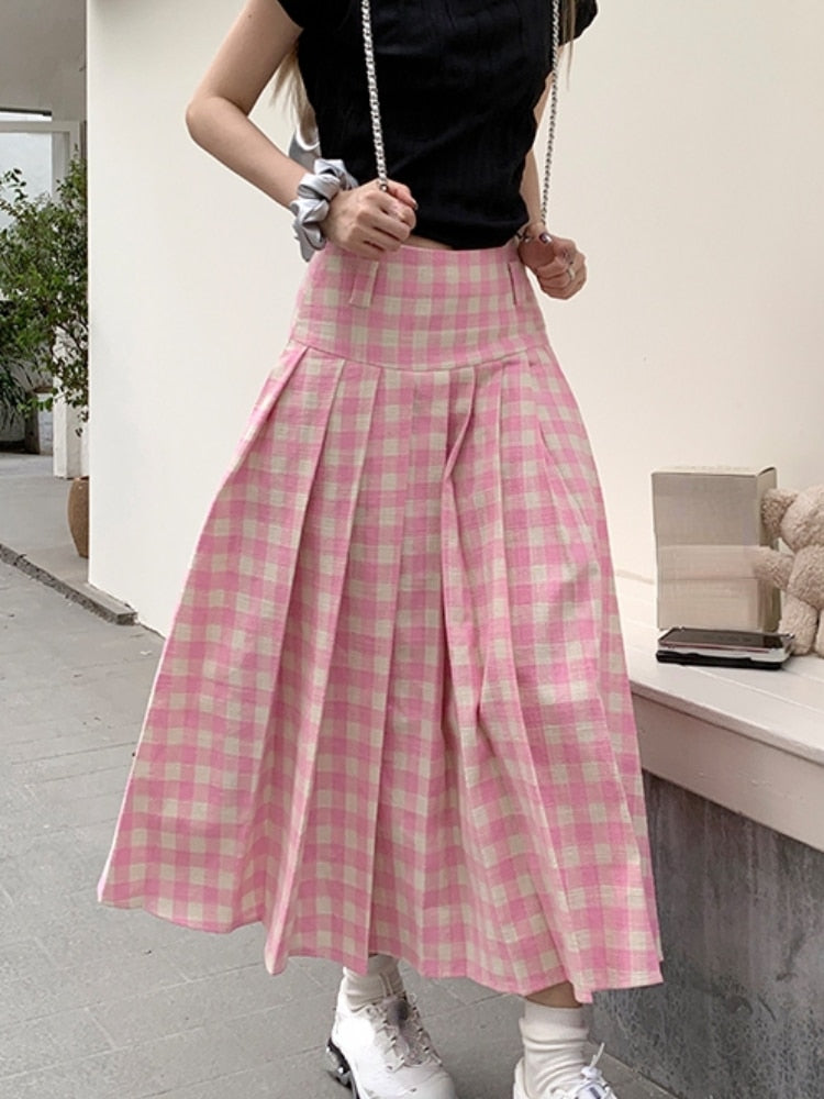 Kawaii Korean Aesthetic Pink Gingham Midi Pleated Skirt – The Kawaii ...