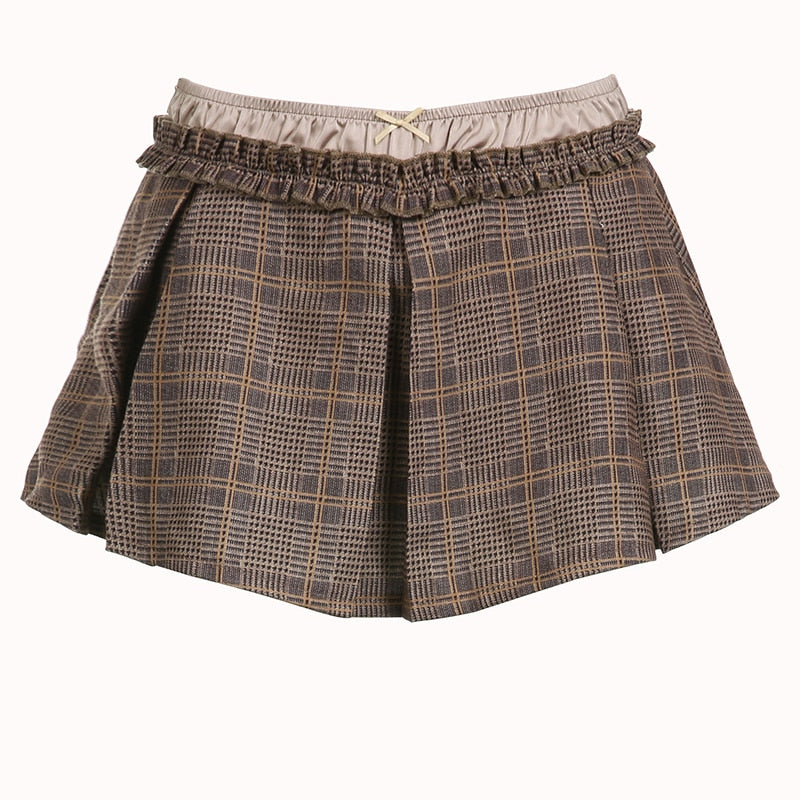 Kawaii Aesthetic Coquette Dollete Dark Academia V Low Rise Brown Plaid Mini Skirt