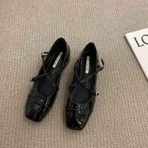 womens coquette aesthetic shoes black square toe flats black low heel patent leather ballet flats criss cross
