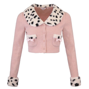 Kawaii Aesthetic Barbiecore Pink Dalmatian Print Fur Lined Rib Knit Two Piece Skirt Set