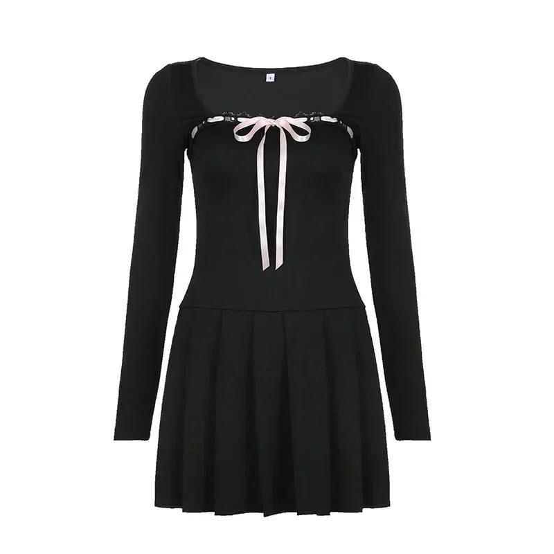womens coquette aesthetic clothes long sleeve black mini dress pink bow