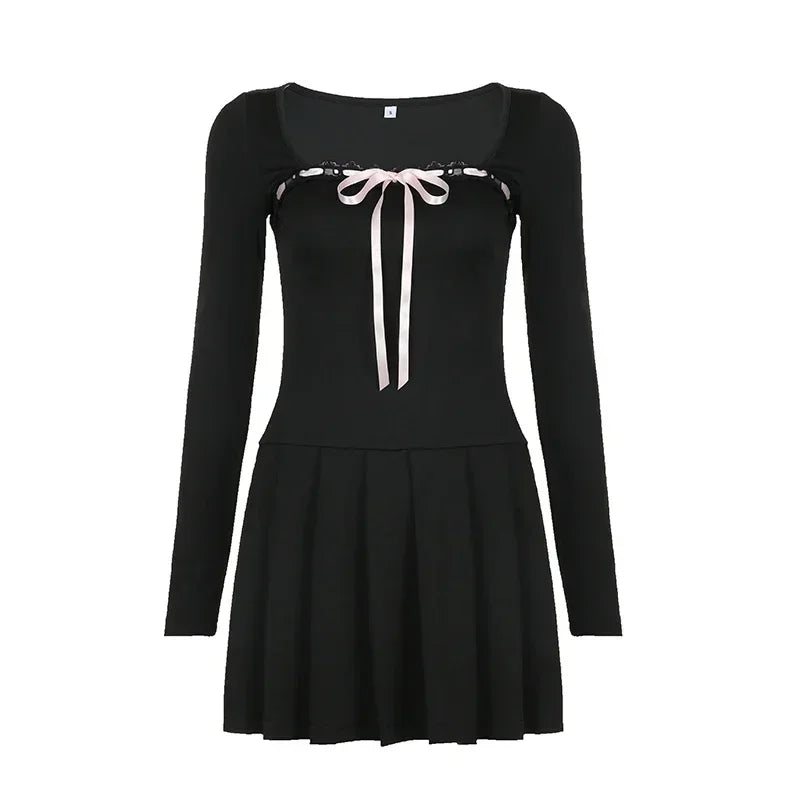 open lace back dress Womens Coquette Aesthetic Black Long Sleeve Mini Dress with Pink Bow The Kawaii Factory open lace back dress Womens Coquette Aesthetic Black Long Sleeve Mini Dress with Pink Bow The Kawaii Factory