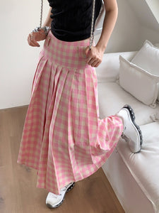 Kawaii Korean Aesthetic Pink Gingham Midi Pleated Skirt