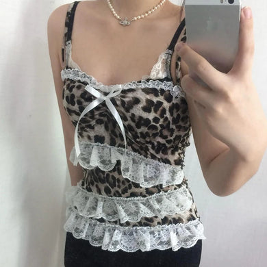womens japanese gyaru fashion leopard print top tank top lace top