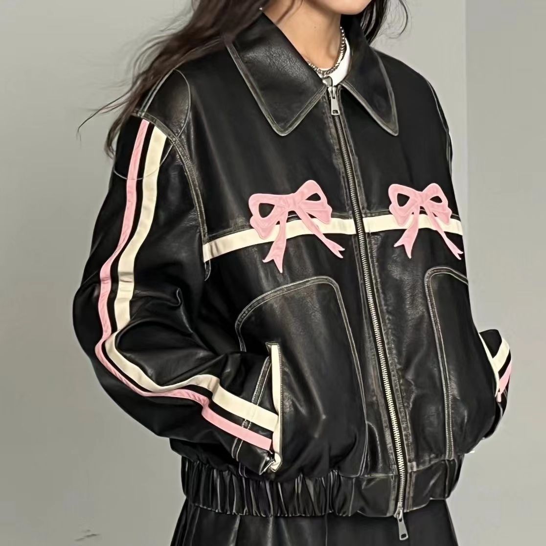 Kawaii Aesthetic Coquette Dollette Womens Pink Bow Leather Jacket