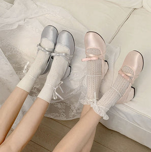 Kawaii Aesthetic Coquette Dollette Pastel Pink Baby Blue Kitten Heel Mary Jane Satin Pumps