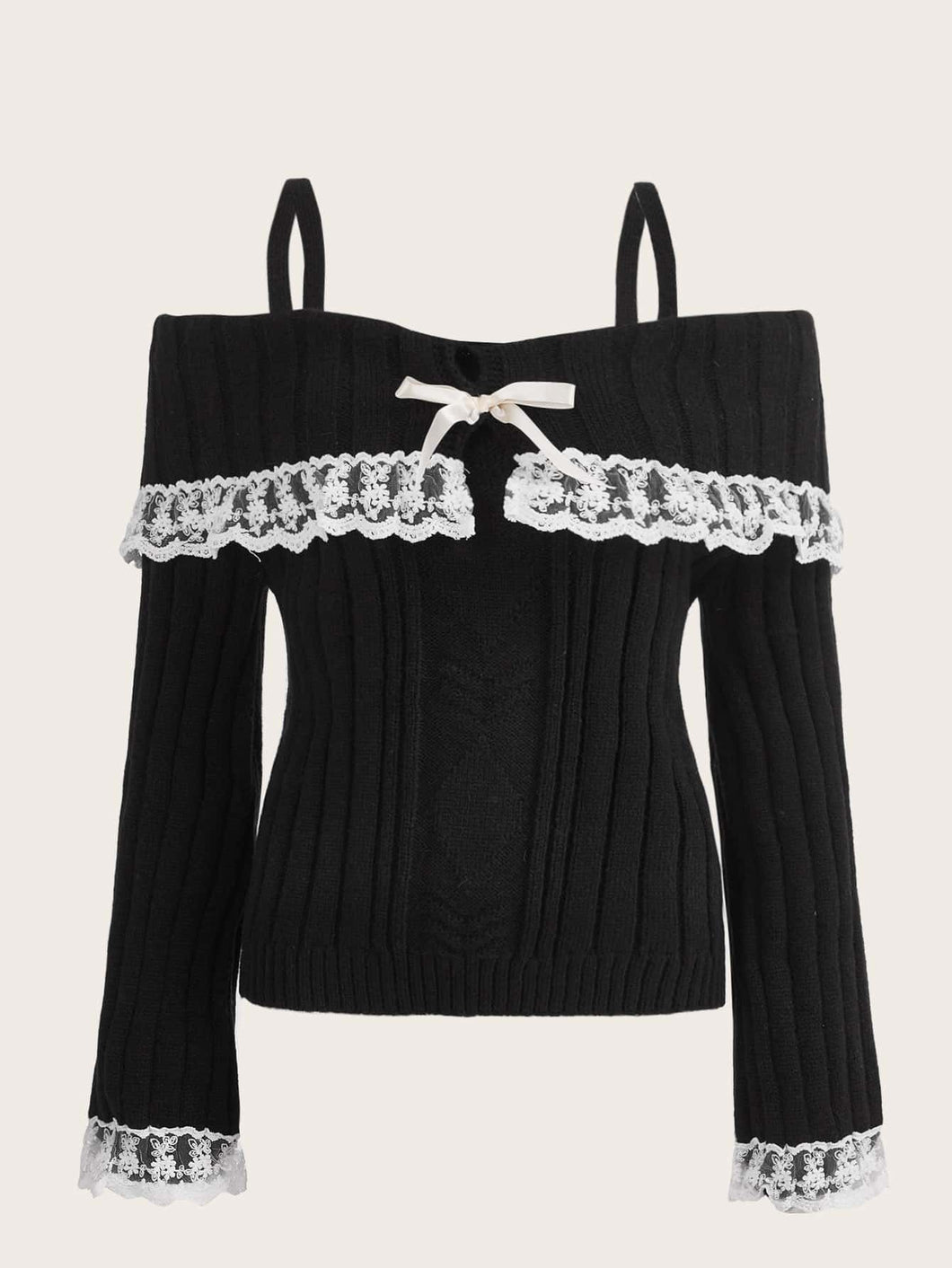Kawaii Aesthetic Coquette Lace Trim Off Shoulder Sweater – The Kawaii ...