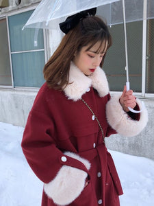 Korean Style Old Money Aesthetic Elegant Cherry Red Faux Fur Trim Midi Coat