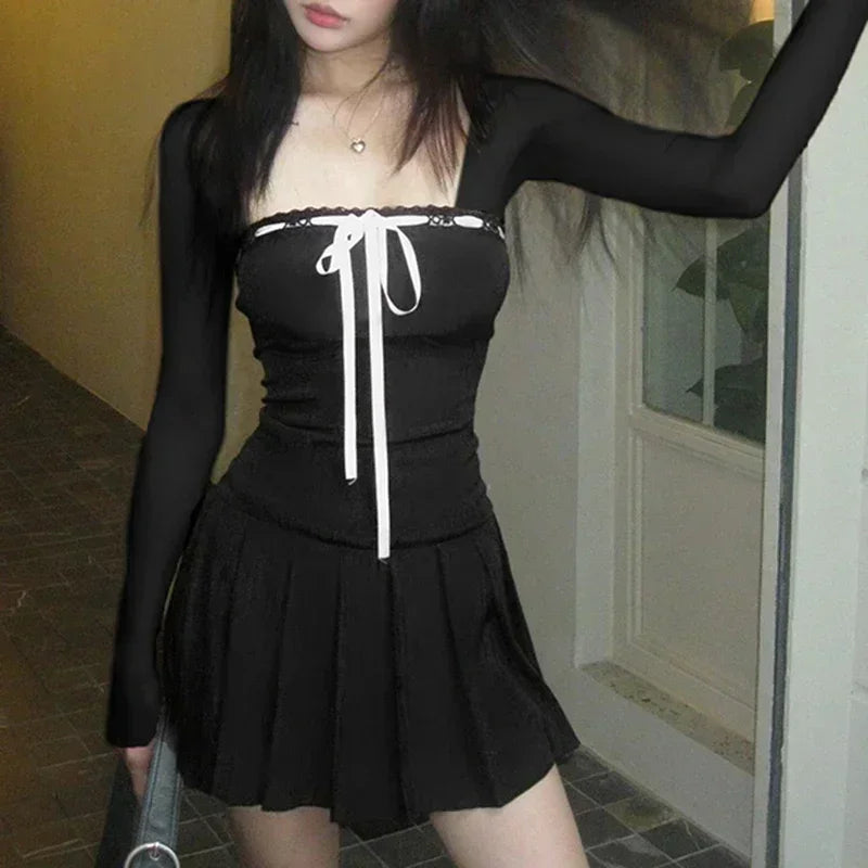 Womens Coquette Aesthetic Black Long Sleeve Mini Dress with Pink Bow The Kawaii Factory Womens Coquette Aesthetic Black Long Sleeve Mini Dress with Pink Bow The Kawaii Factory