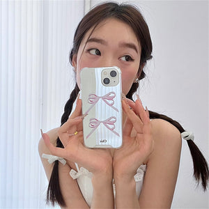 Kawaii Aesthetic Korean Pink Ribbon Bow Mirror iPhone Case