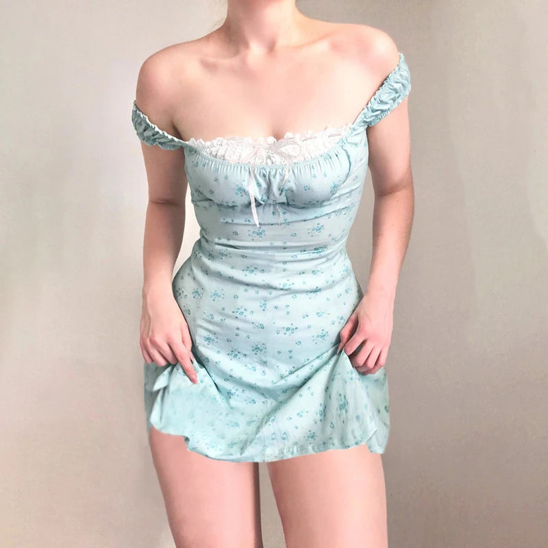 Womens Coquette Aesthetic Milkmaid Sky Blue Floral Dress – The Kawaii  Factory