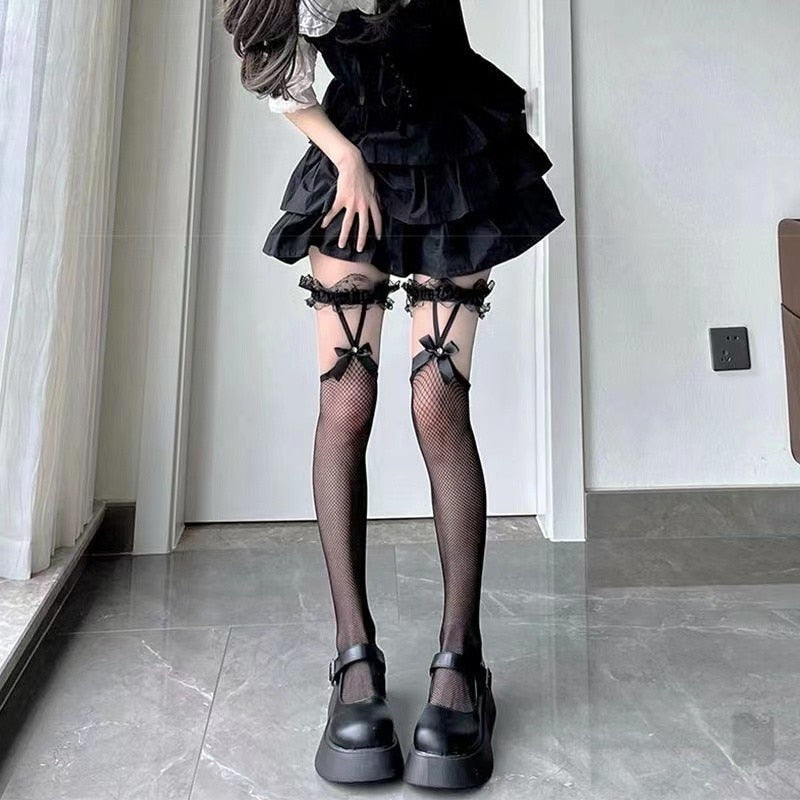 Kawaii Aesthetic E-girl Gothic Fishnet Bow Thigh High Socks – The Kawaii  Factory