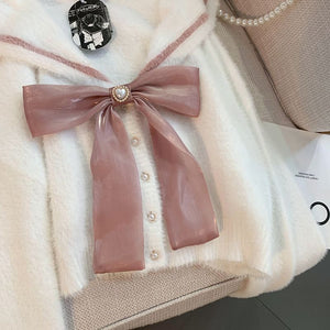 Kawaii Aesthetic Old Money Soft Girl Coquette Dollette Pink Bow Sailor Collar Fuzzy White Cardigan