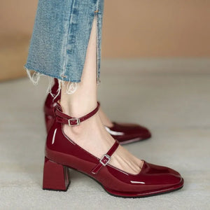 cherry red heels womens aesthetic shoes square toe chunky heel patent leather burgundy dark red mary jane shoes 