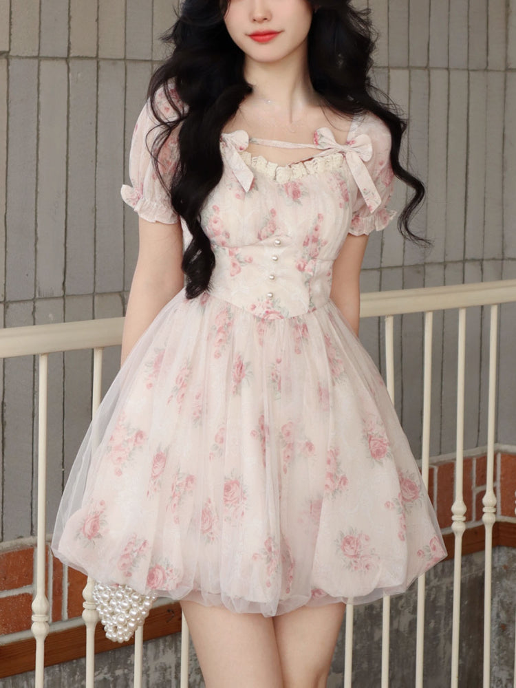 Japanese Fashion Coquette Dollette Soft Girl Aesthetic Floral Dress with Pearl Buttons