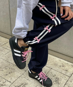 Womens Coquette Aesthetic Gray Flare Sweatpants with Pink Bow