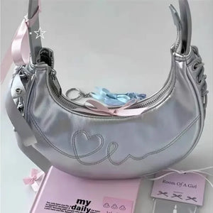 womens cute aesthetic bag silver underarm half moon bag purse