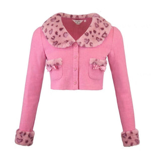 Kawaii Aesthetic Barbiecore Pink Dalmatian Print Fur Lined Rib Knit Two Piece Skirt Set